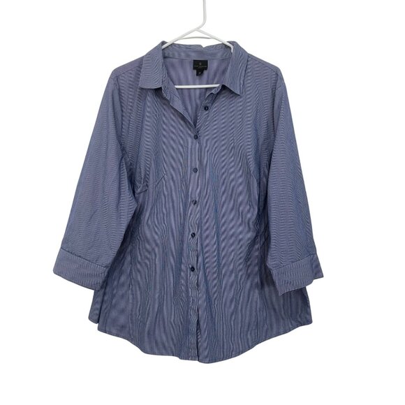 Worthington Woman 2X Blue Striped Button-Down Shirt 3/4 Sleeve Business Casual - Picture 10 of 12